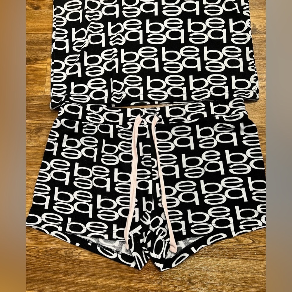 bebe logo black and white 2 piece PJ set shorts shirt soft lightweight Med EUC - Picture 3 of 6